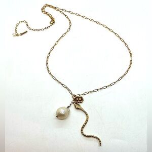 Chan Luu Sterling Gold Plated Snake Necklace w Flower & Baroque Pearl | 17” + 3”